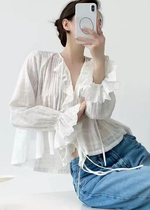 Simple White Ruffled Wrinkled Cotton Holiday Shirt Fall
