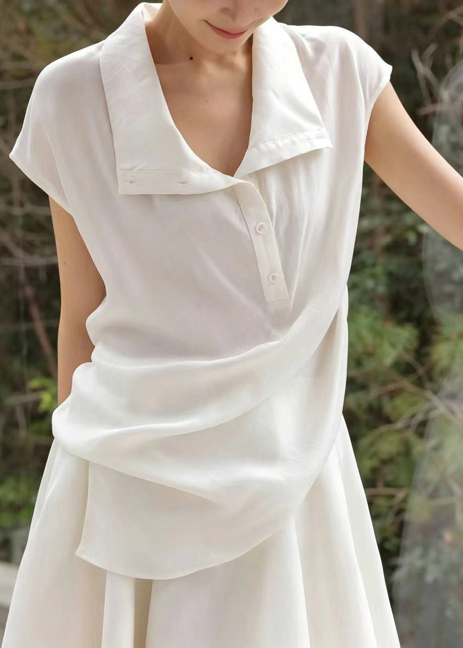 Simple White Stand Collar Asymmetrical Design Cotton Two Pieces Set Summer