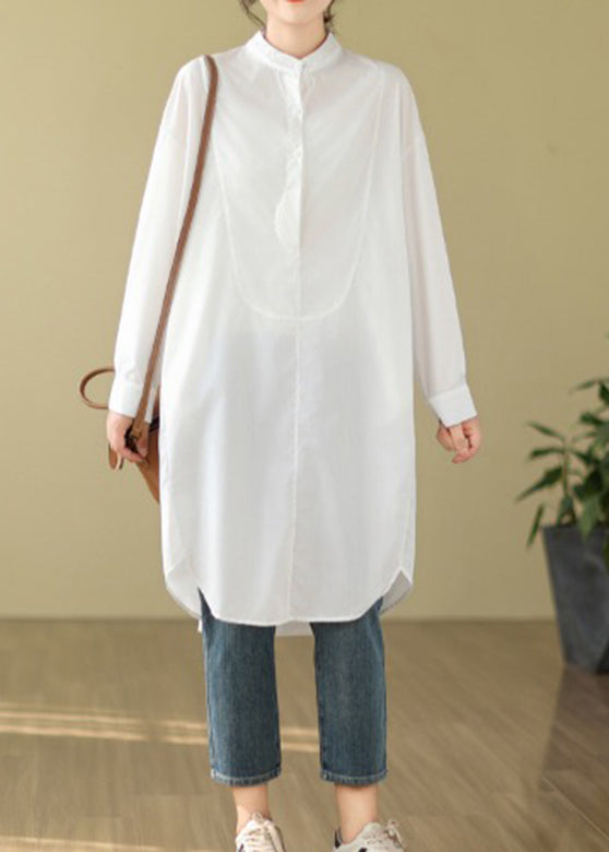 Simple White Stand Collar Button Shirts Dress Long Sleeve - Omychic
