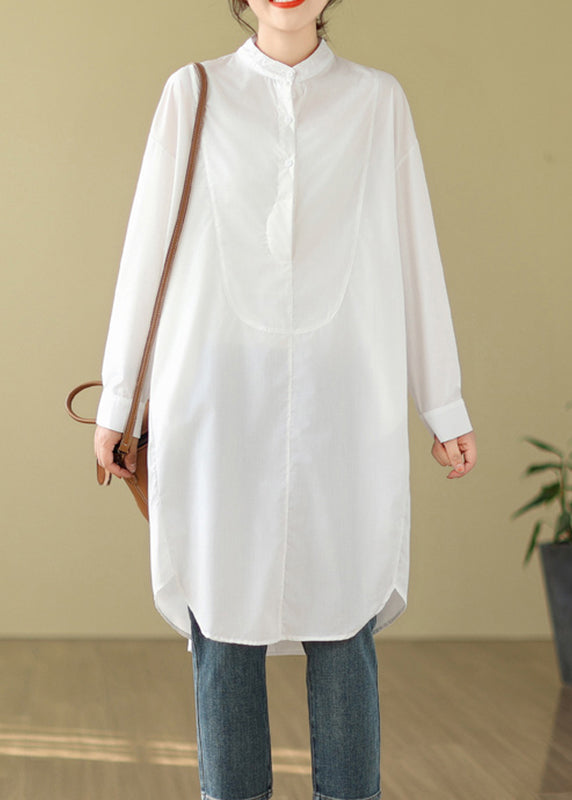 Simple White Stand Collar Button Shirts Dress Long Sleeve - Omychic
