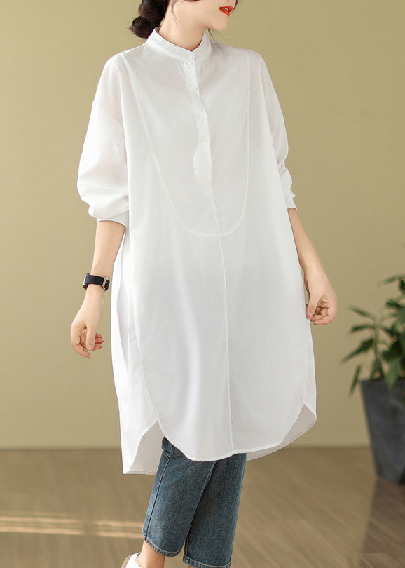 Simple White Stand Collar Button Shirts Dress Long Sleeve - Omychic