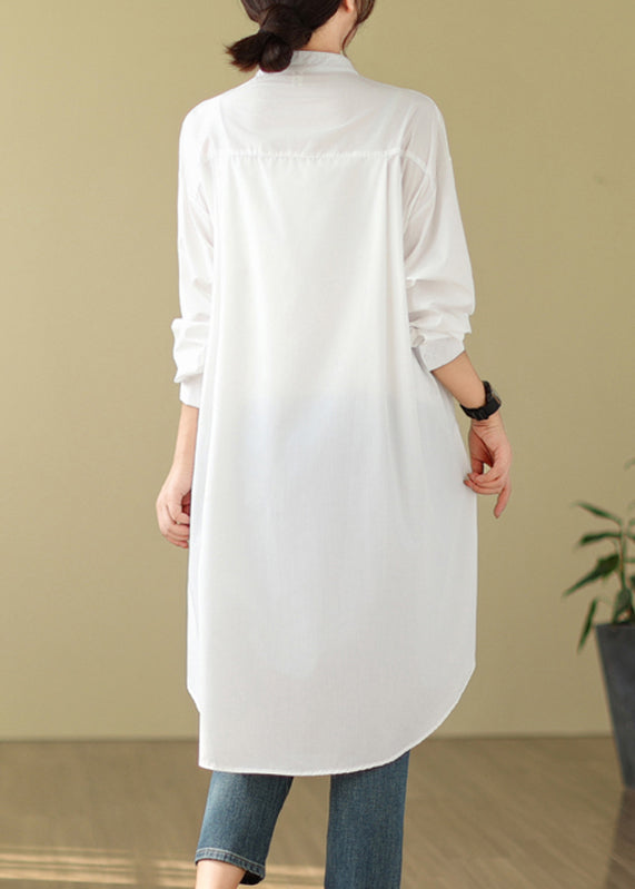 Simple White Stand Collar Button Shirts Dress Long Sleeve - Omychic