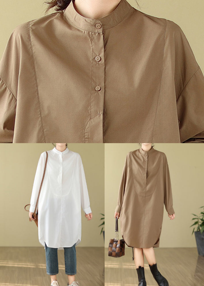 Simple White Stand Collar Button Shirts Dress Long Sleeve - Omychic