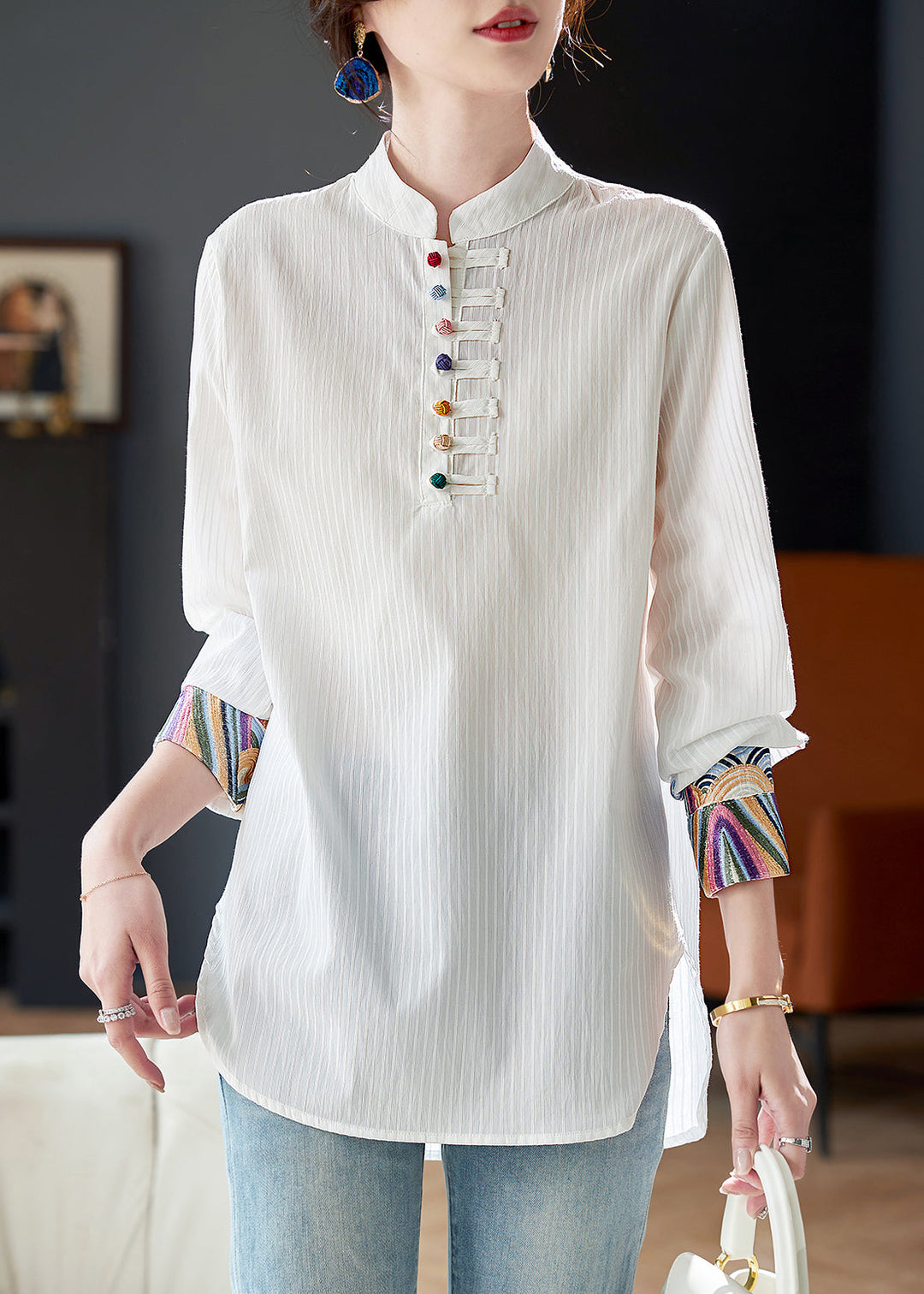 Simple White Stand Collar Patchwork Embroidered Button Shirt Fall