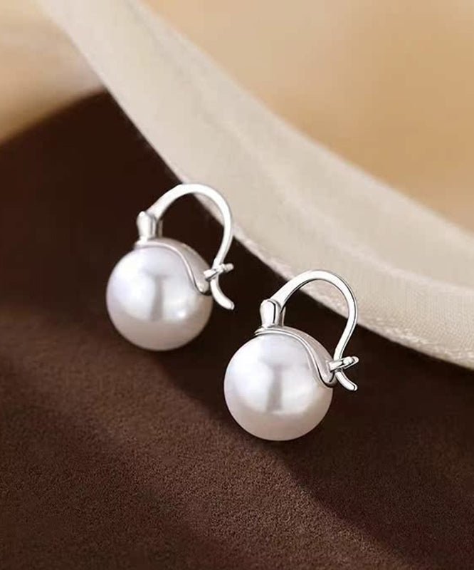 Simple White Sterling Silver Pearl Hoop Earrings