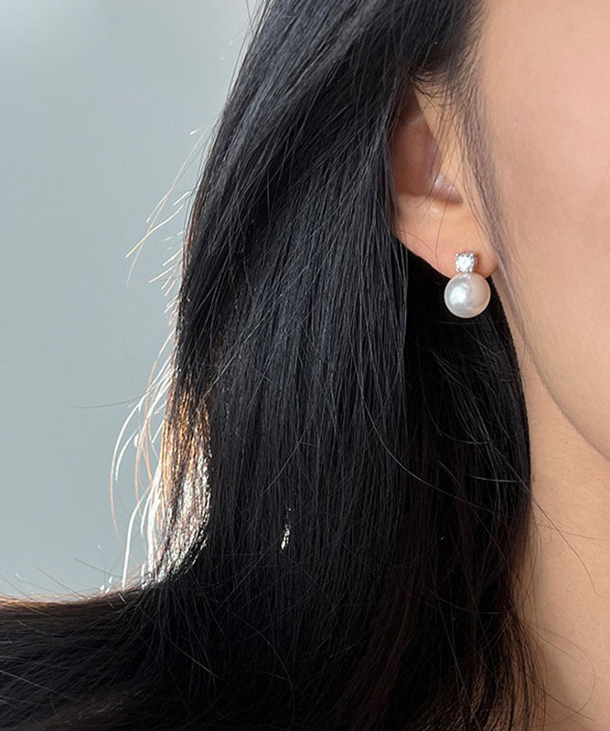 Simple White Sterling Silver Zircon Pearl Stud Earrings