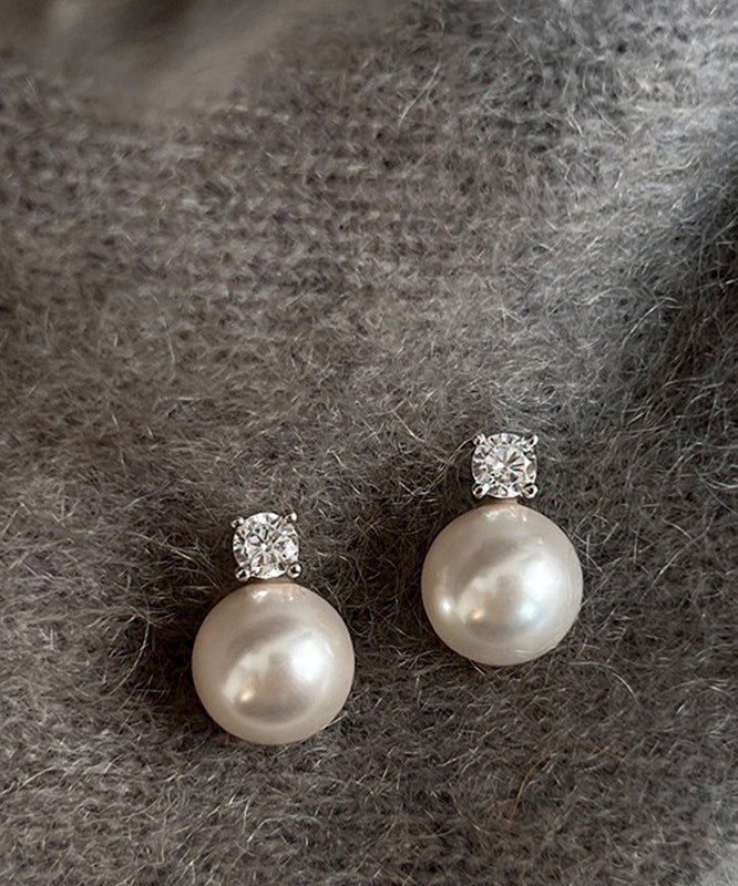 Simple White Sterling Silver Zircon Pearl Stud Earrings