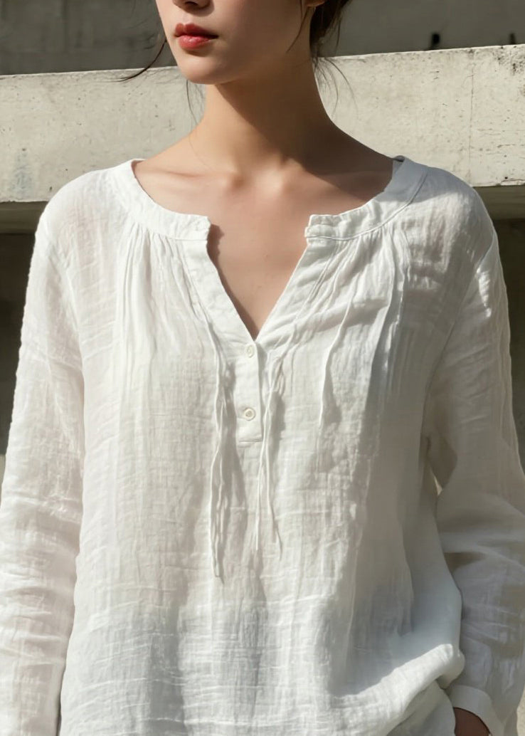 Simple White V Neck Cotton Shirt Top Spring