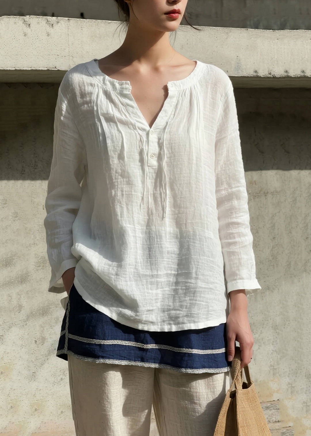 Simple White V Neck Cotton Shirt Top Spring