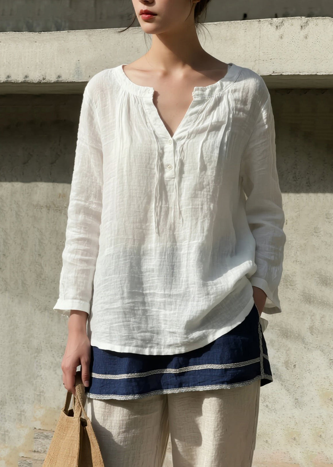 Simple White V Neck Cotton Shirt Top Spring
