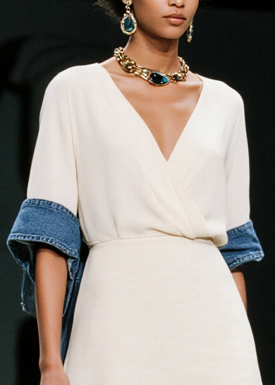 Simple White V Neck Patchwork Denim Mid Dress Summer