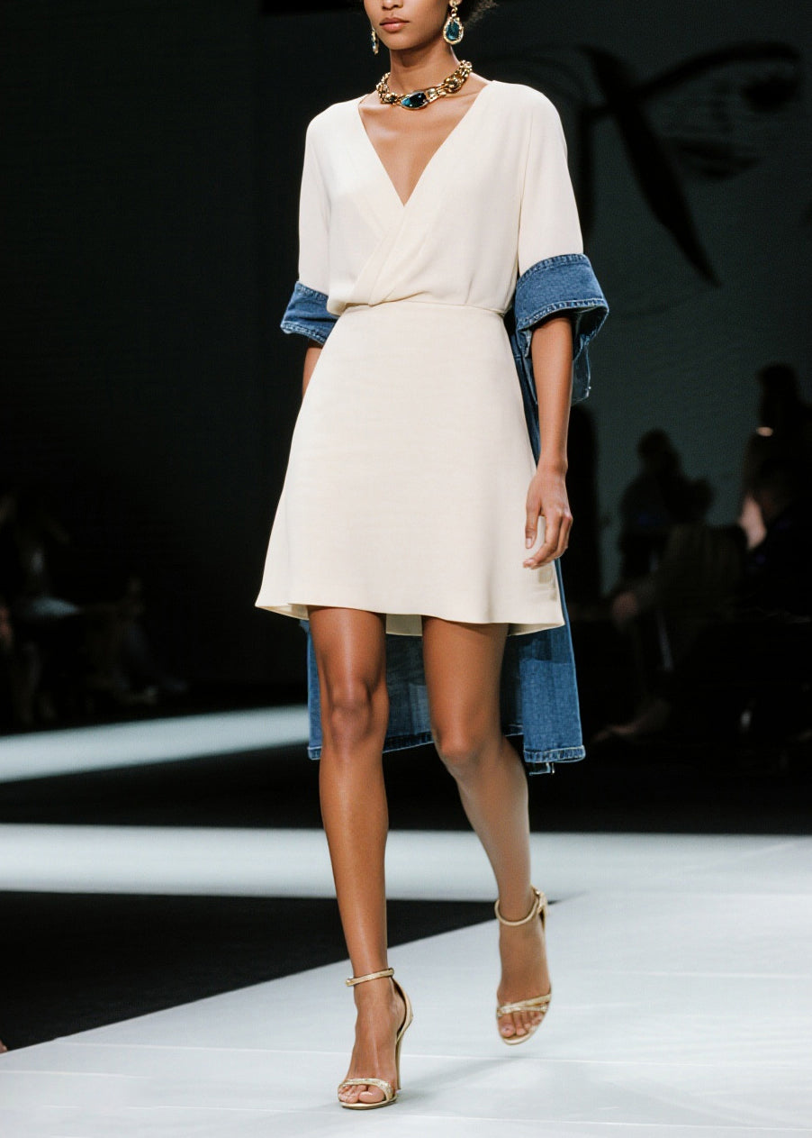 Simple White V Neck Patchwork Denim Mid Dress Summer