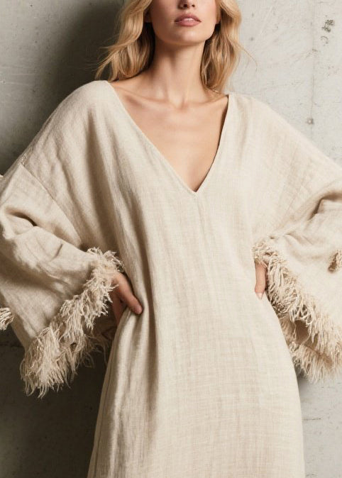 Simple White V Neck Patchwork Fuzzy Ball Decorated Maxi Dress Flare Sleeve