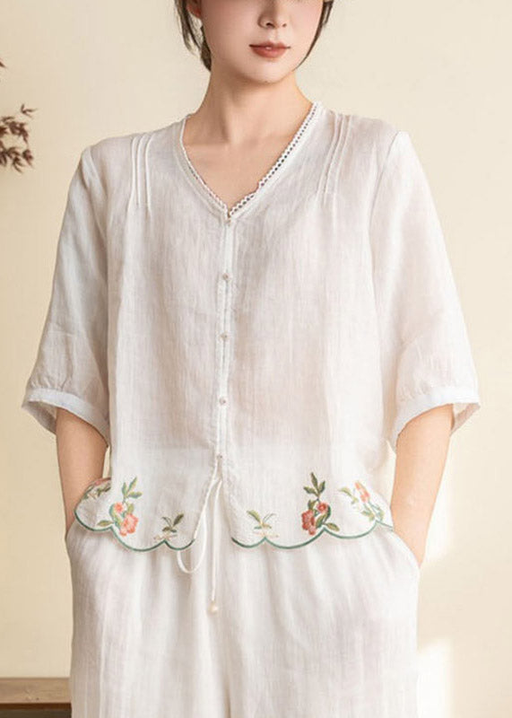 Simple White V Neck Patchwork Linen Shirt Half Sleeve