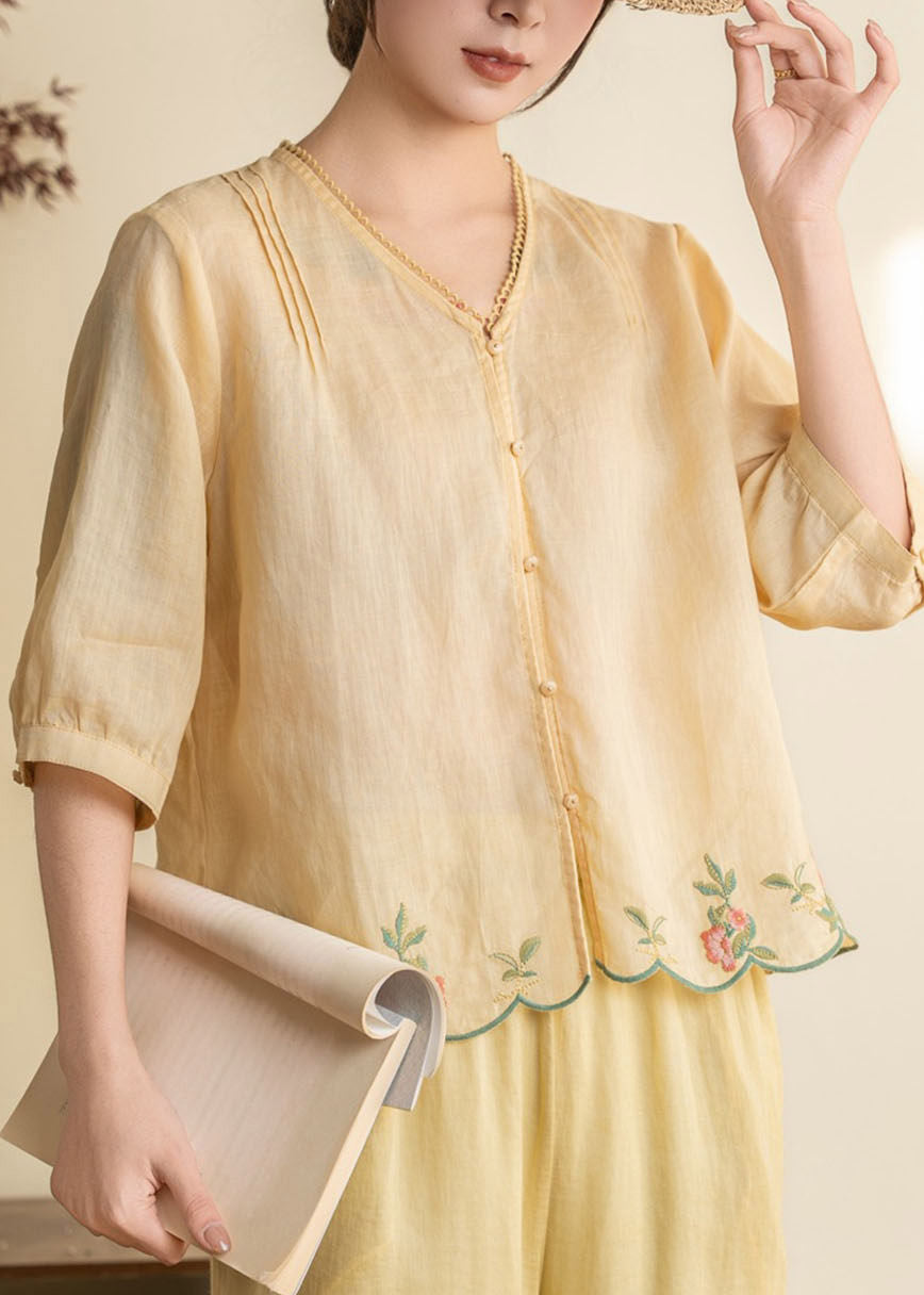 Simple White V Neck Patchwork Linen Shirt Half Sleeve