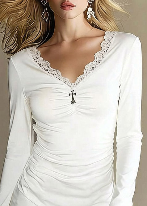 Simple White V Neck Patchwork Top Flare Sleeve