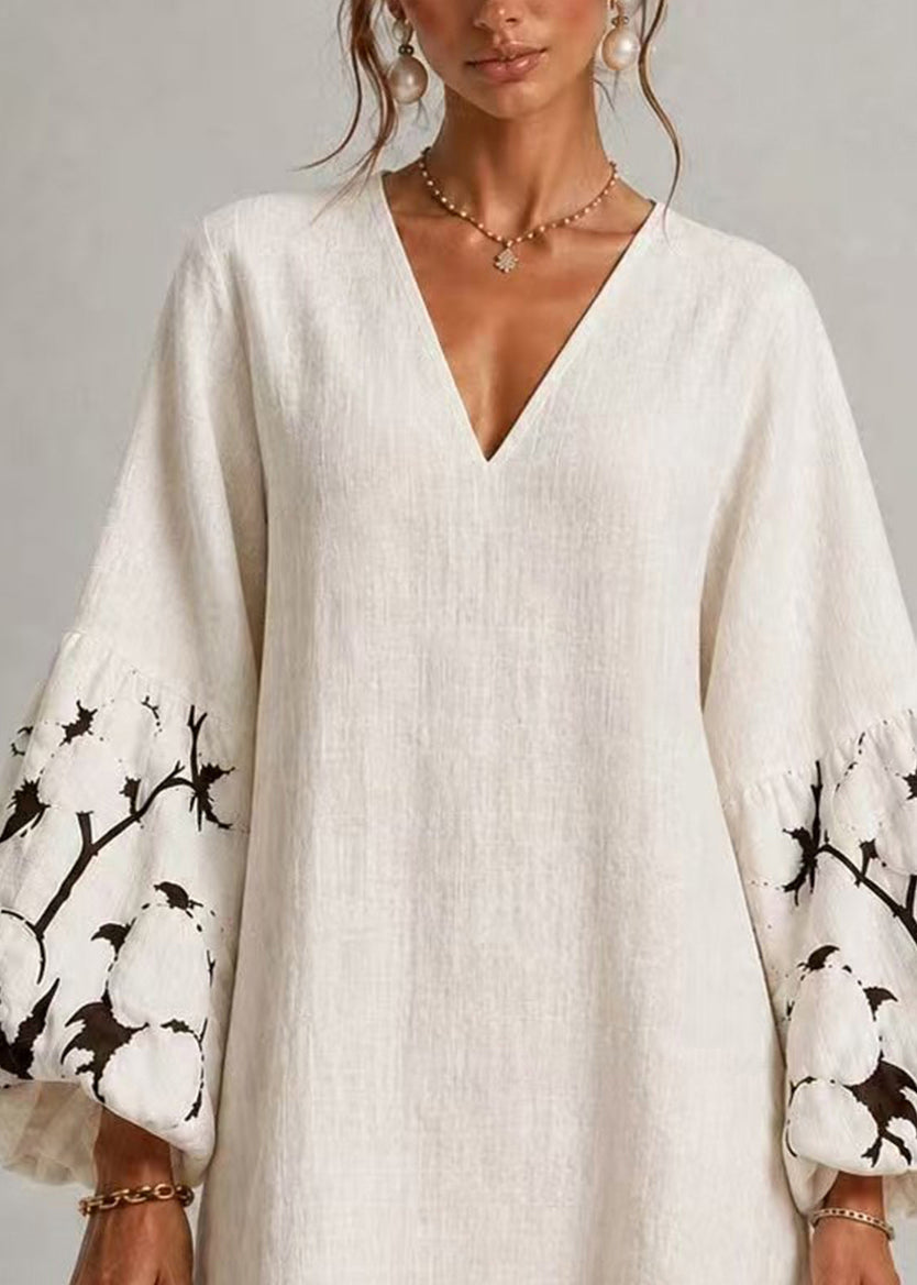 Simple White V Neck Print Mini Dresses Lantern Sleeve