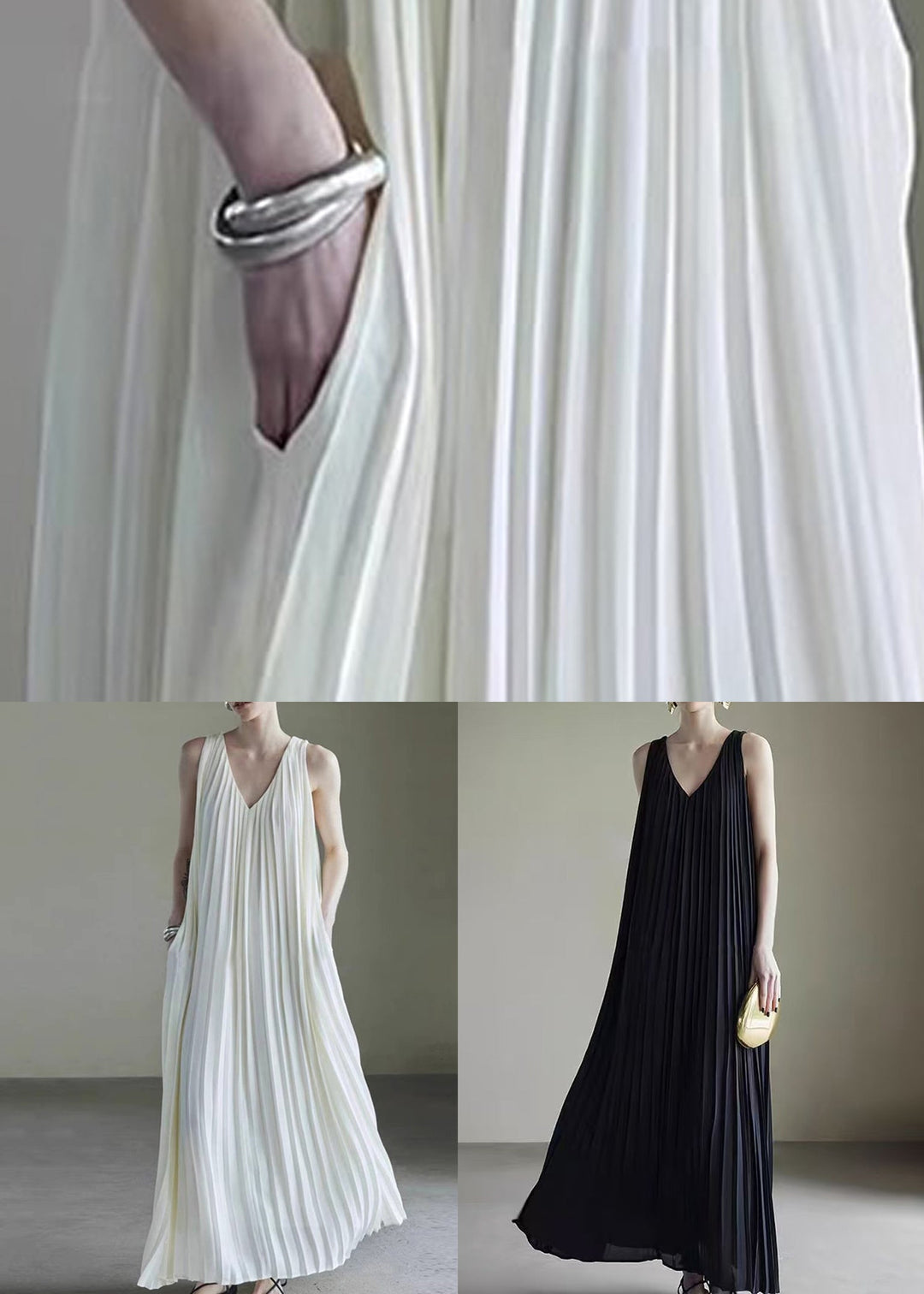 Simple White V Neck Wrinkled Chiffon Long Dress Sleeveless