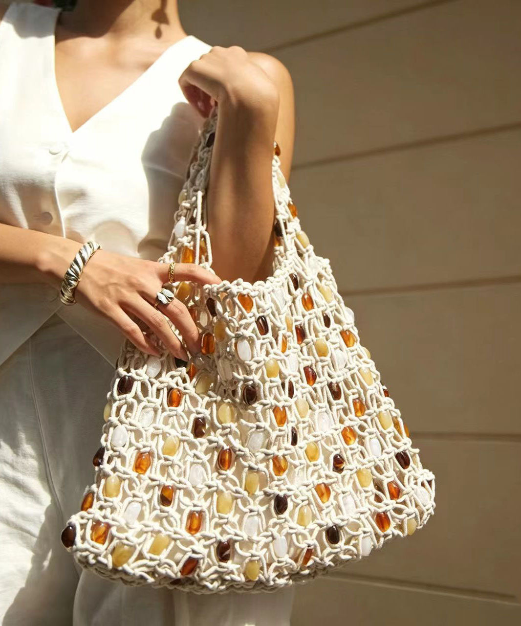 Simple White Weave Multicolour Beading Cut Out Shoulder Bag