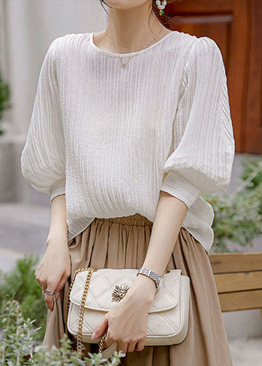 Simple White Wrinkled Solid Silk T Shirt Lantern Sleeve