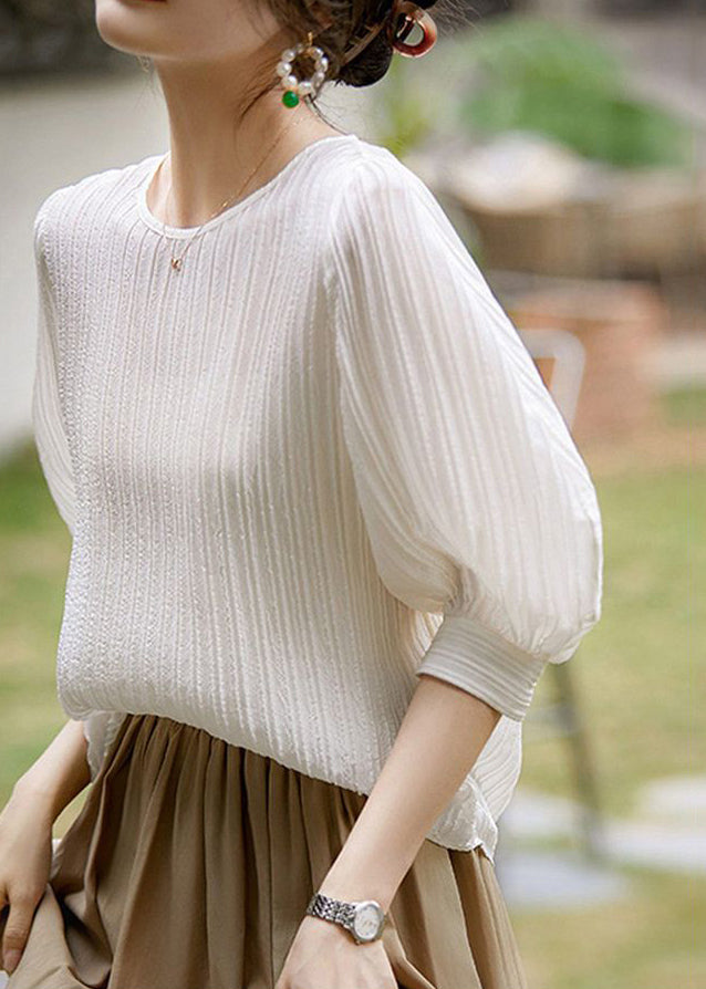 Simple White Wrinkled Solid Silk T Shirt Lantern Sleeve