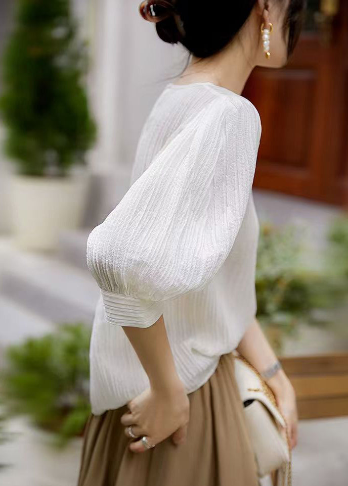 Simple White Wrinkled Solid Silk T Shirt Lantern Sleeve
