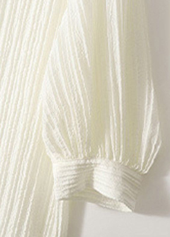 Simple White Wrinkled Solid Silk T Shirt Lantern Sleeve