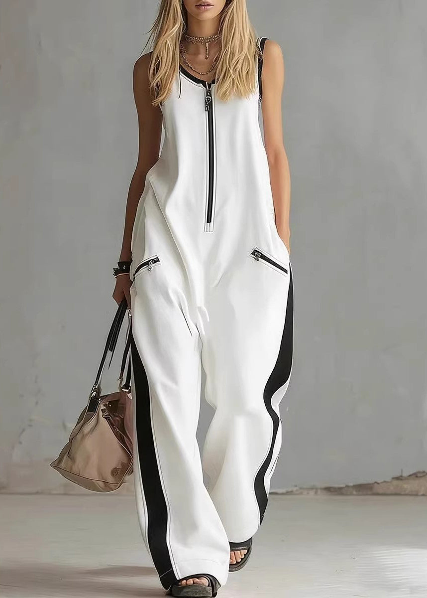 Simple White Zip Up Patchwork Cotton Overalls Jumpsuit Sleeveless