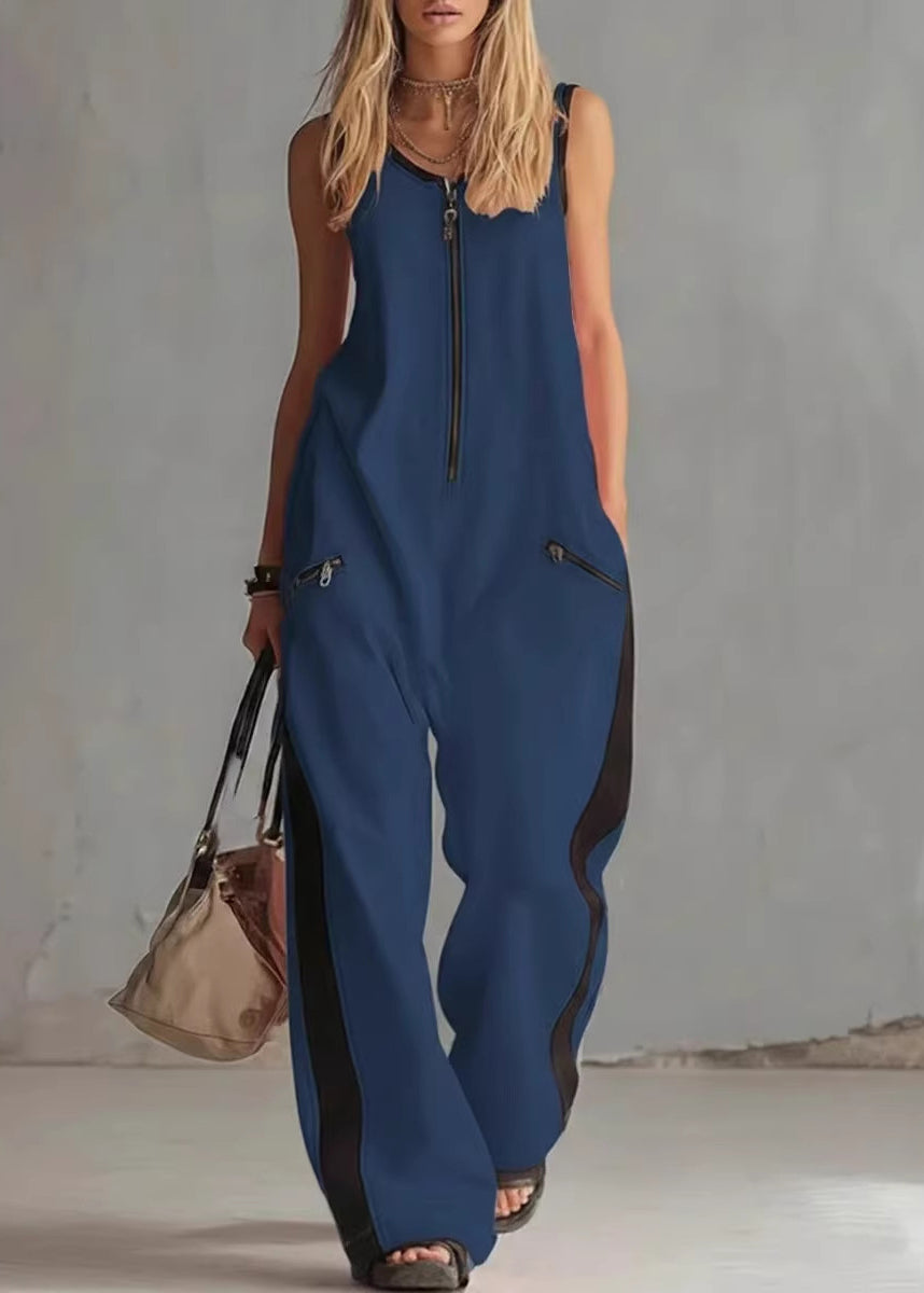 Simple White Zip Up Patchwork Cotton Overalls Jumpsuit Sleeveless
