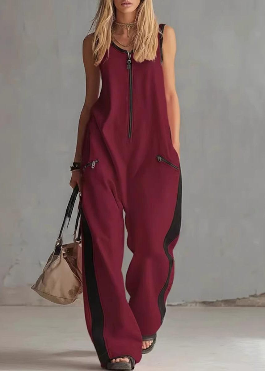 Simple White Zip Up Patchwork Cotton Overalls Jumpsuit Sleeveless