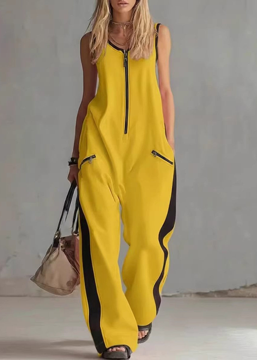 Simple White Zip Up Patchwork Cotton Overalls Jumpsuit Sleeveless