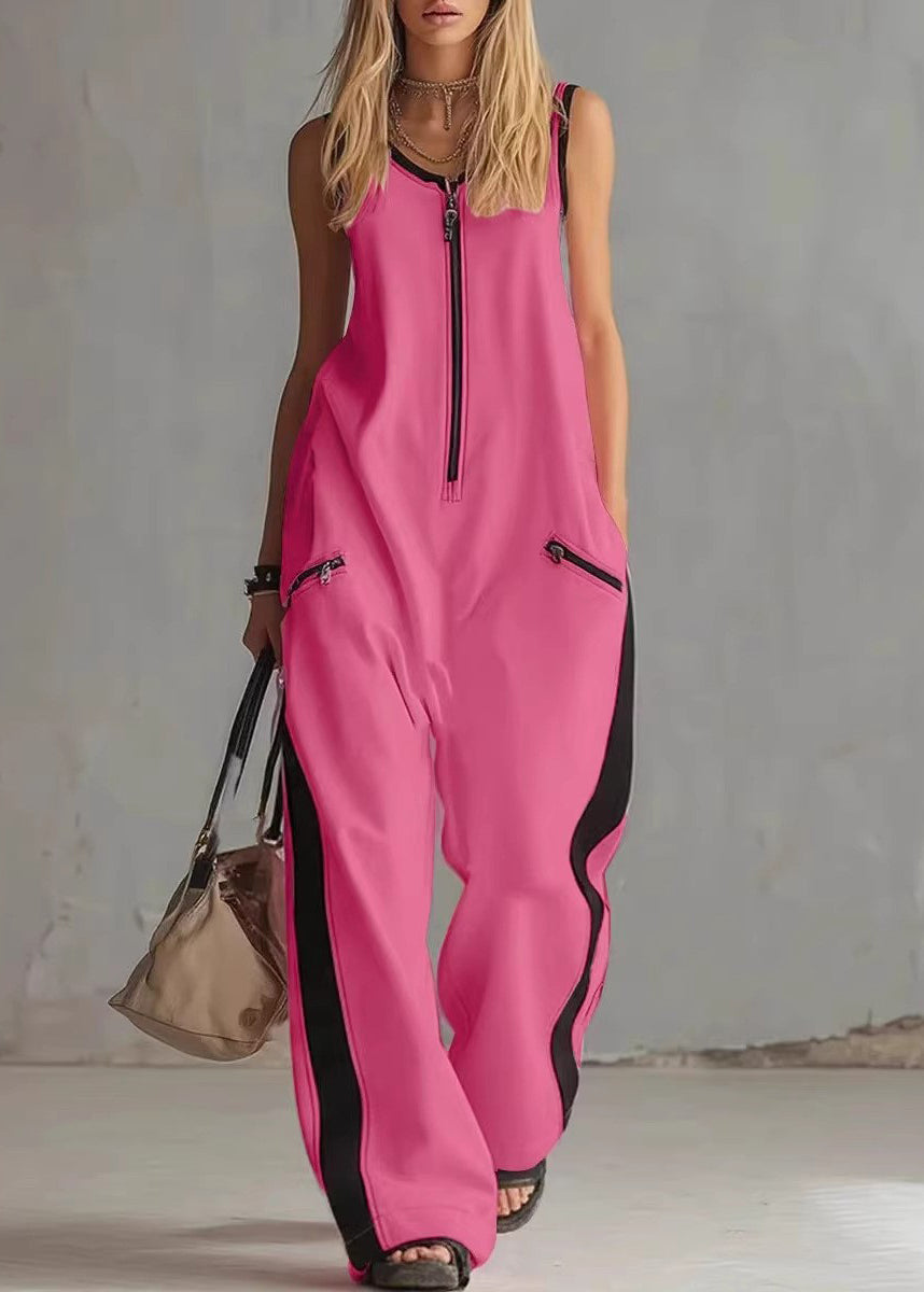 Simple White Zip Up Patchwork Cotton Overalls Jumpsuit Sleeveless