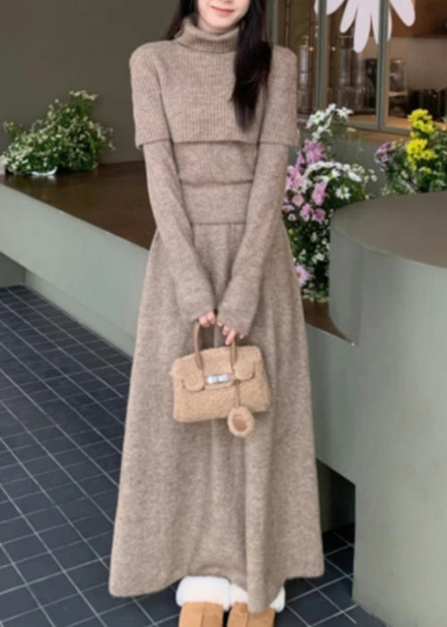 Simple Wine Red Turtleneck Cape Sweaters And Skirts Knit Three Pieces Set Winter