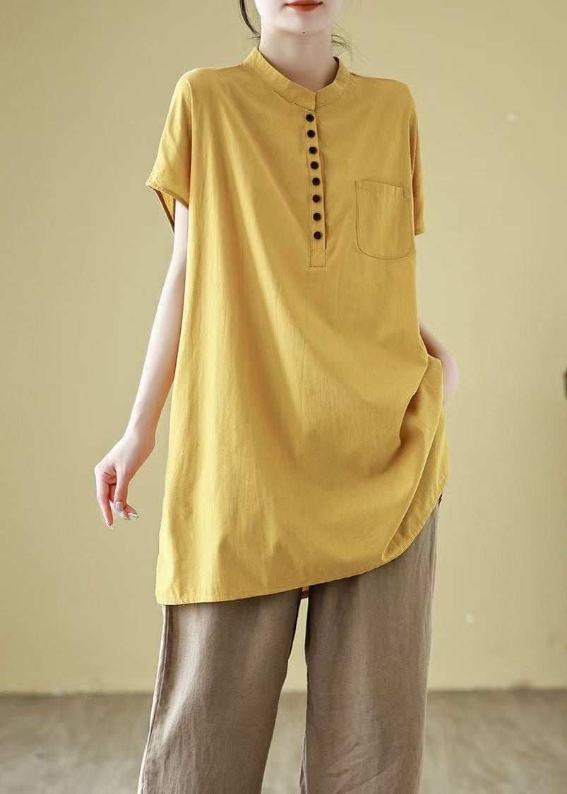 Simple Yellow Button Pockets Solid Cotton T Shirt Short Sleeve