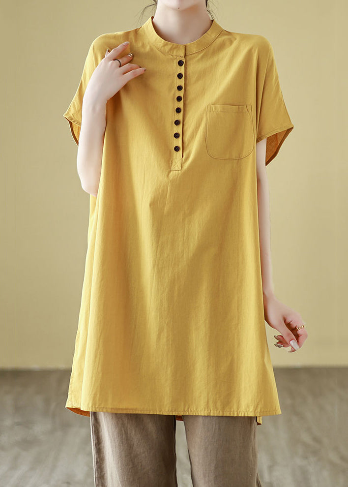 Simple Yellow Button Pockets Solid Cotton T Shirt Short Sleeve