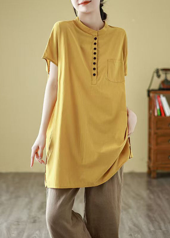 Simple Yellow Button Pockets Solid Cotton T Shirt Short Sleeve