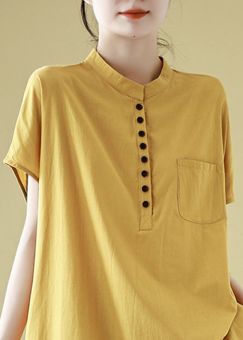 Simple Yellow Button Pockets Solid Cotton T Shirt Short Sleeve