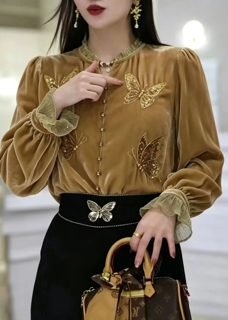 Simple Yellow Embroidered Butterfly Sequins Silk Velour Shirt Long Sleeve