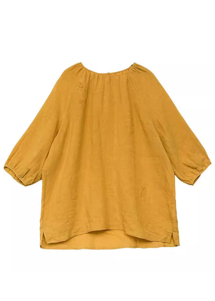 Simple Yellow Embroidered Low High Design T Shirt Three Quarter Sleeve
