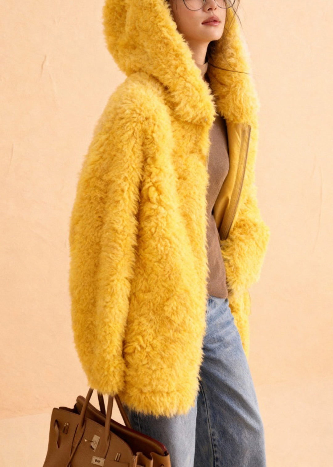 Simple Yellow Hooded Solid Teddy Faux Fur Coats Winter