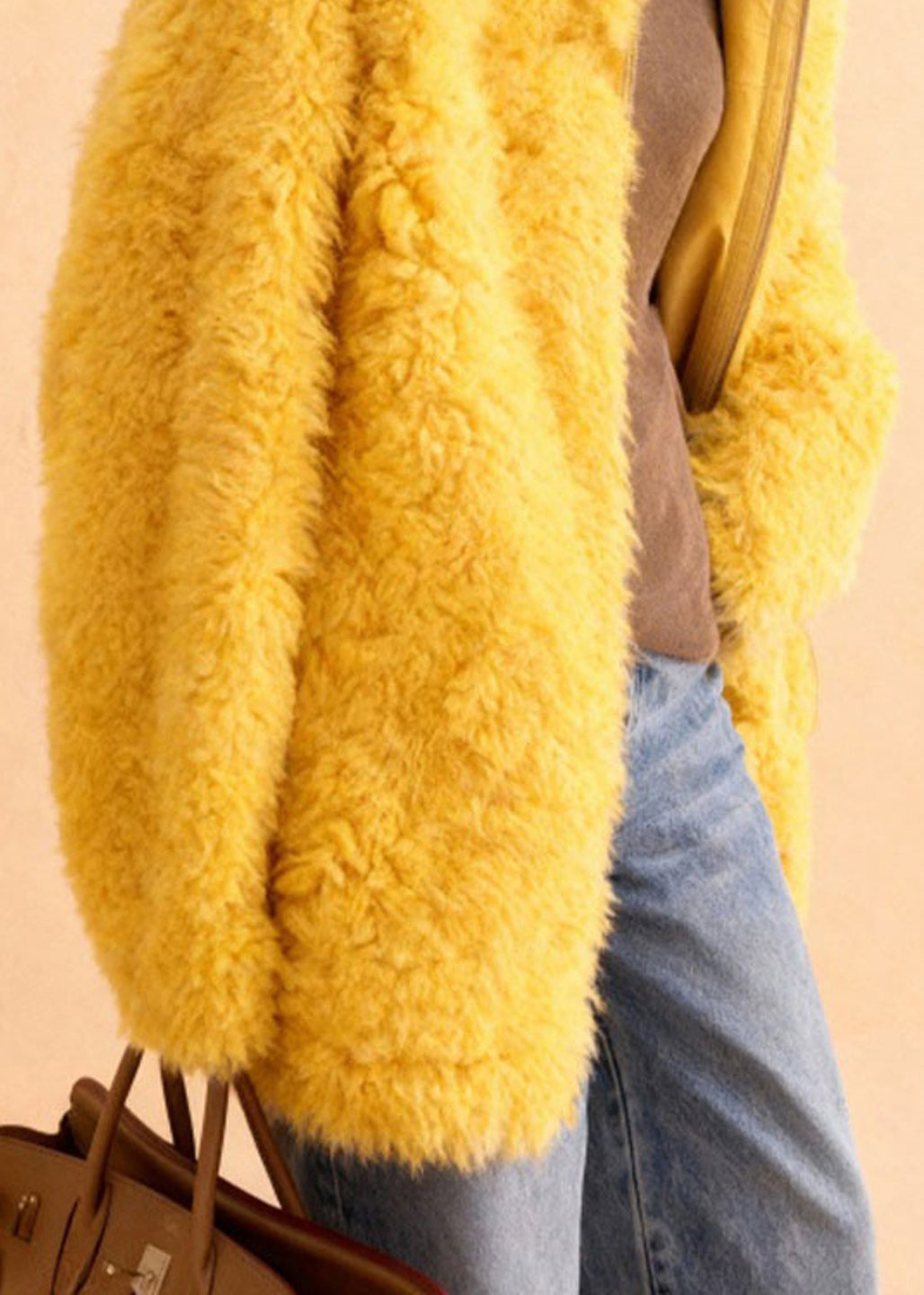 Simple Yellow Hooded Solid Teddy Faux Fur Coats Winter