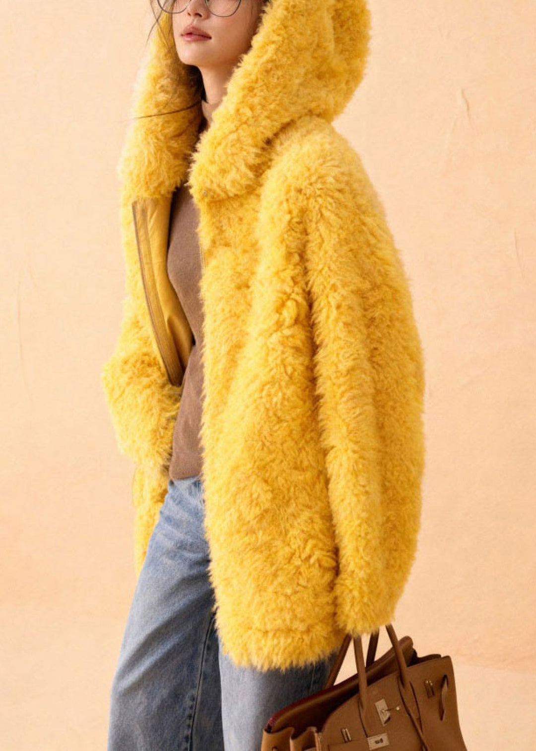 Simple Yellow Hooded Solid Teddy Faux Fur Coats Winter