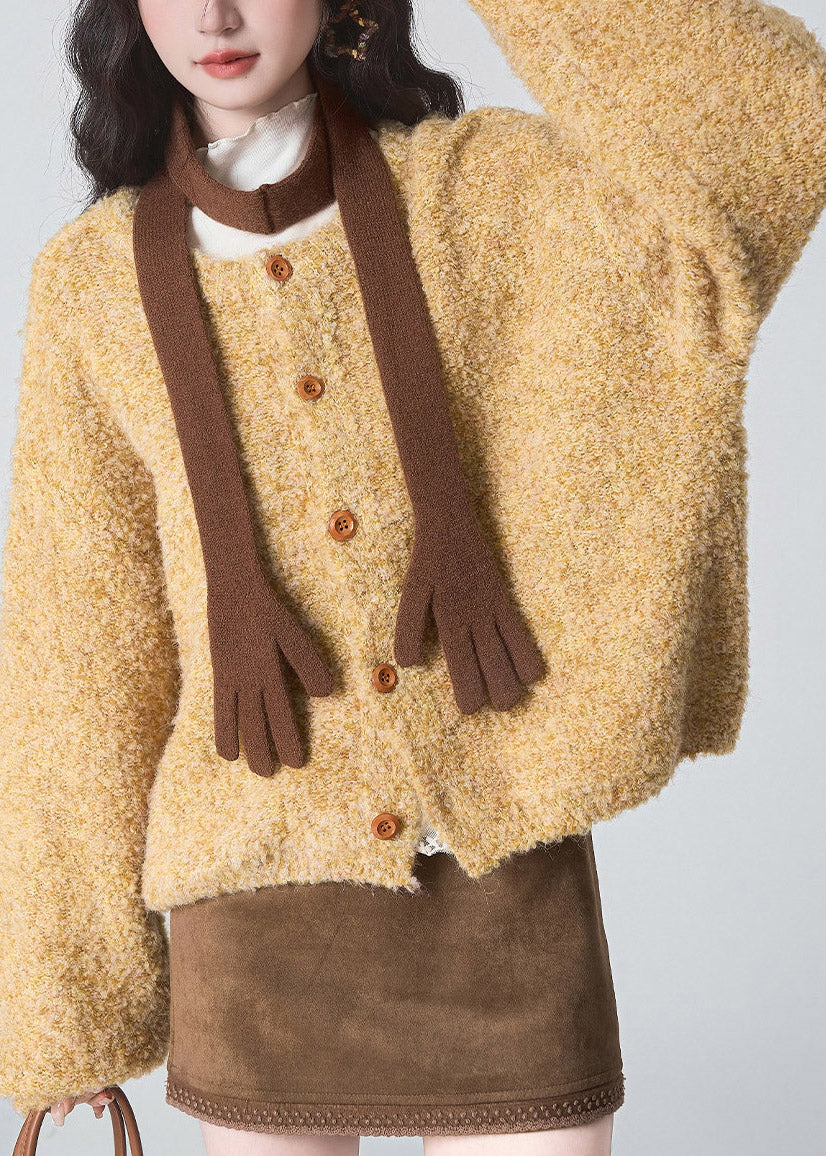 Simple Yellow O-Neck Butto Solid Cotton Knit Cardigans Long Sleeve