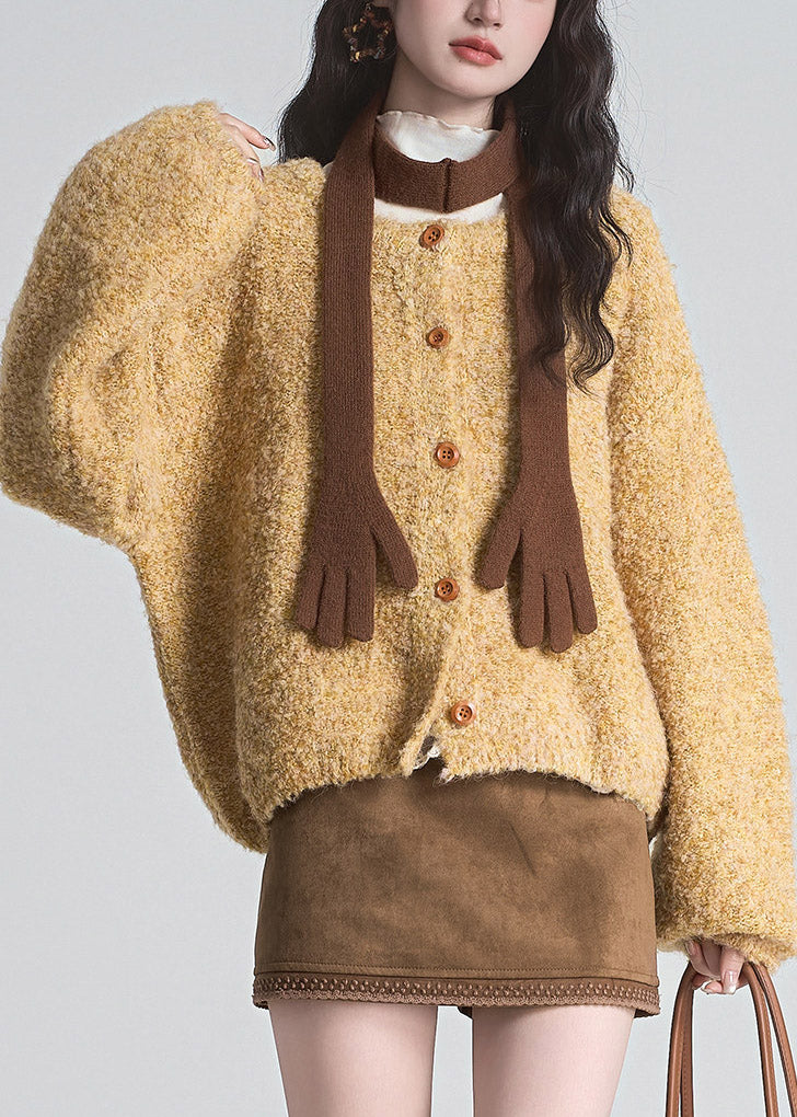 Simple Yellow O-Neck Butto Solid Cotton Knit Cardigans Long Sleeve