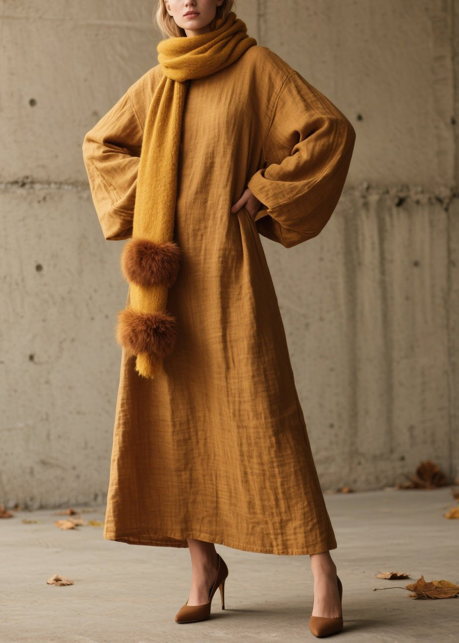 Simple Yellow O Neck Cotton Long Dress Lantern Sleeve