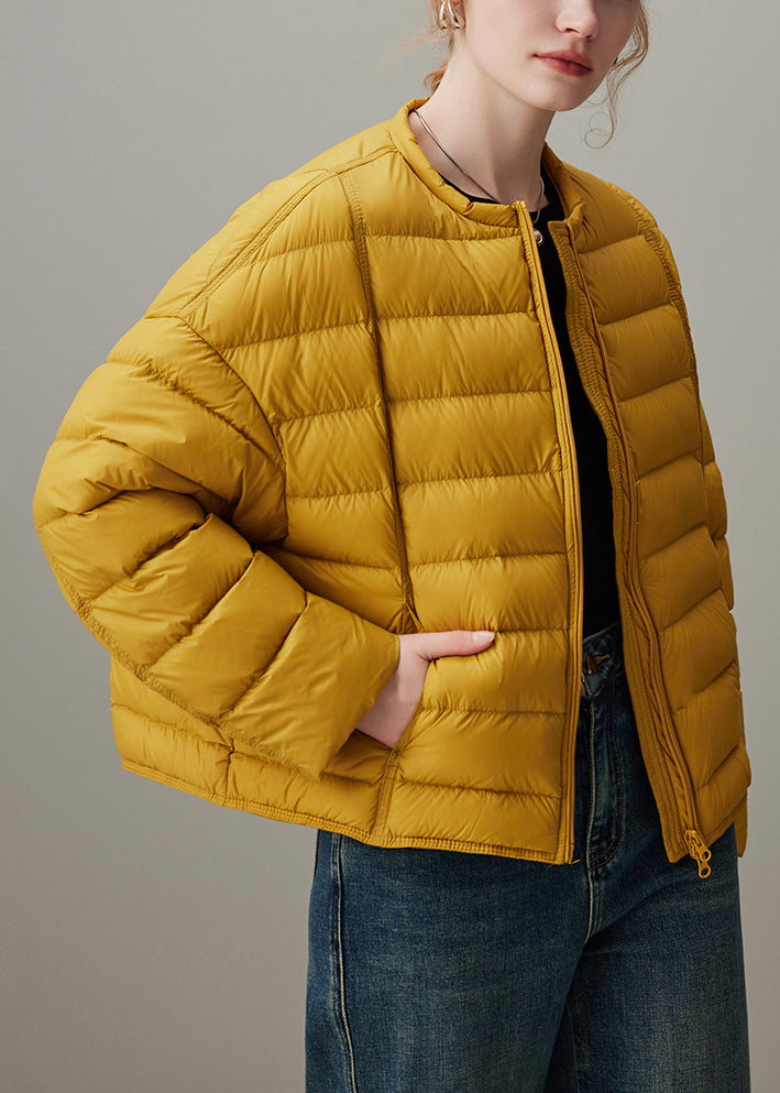 Simple Yellow O Neck Zippered Pockets Duck Down Puffer Coat Winter