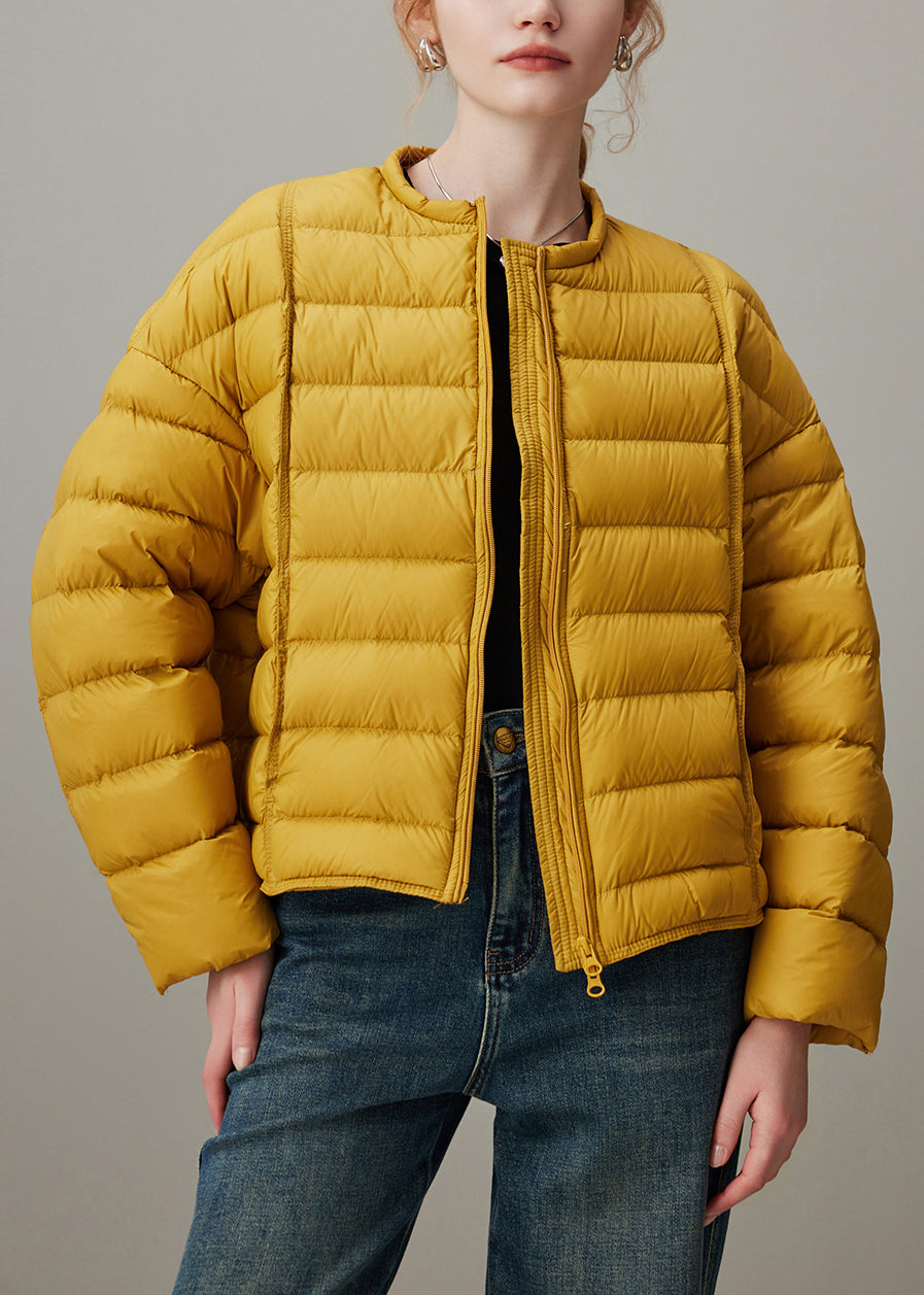 Simple Yellow O Neck Zippered Pockets Duck Down Puffer Coat Winter