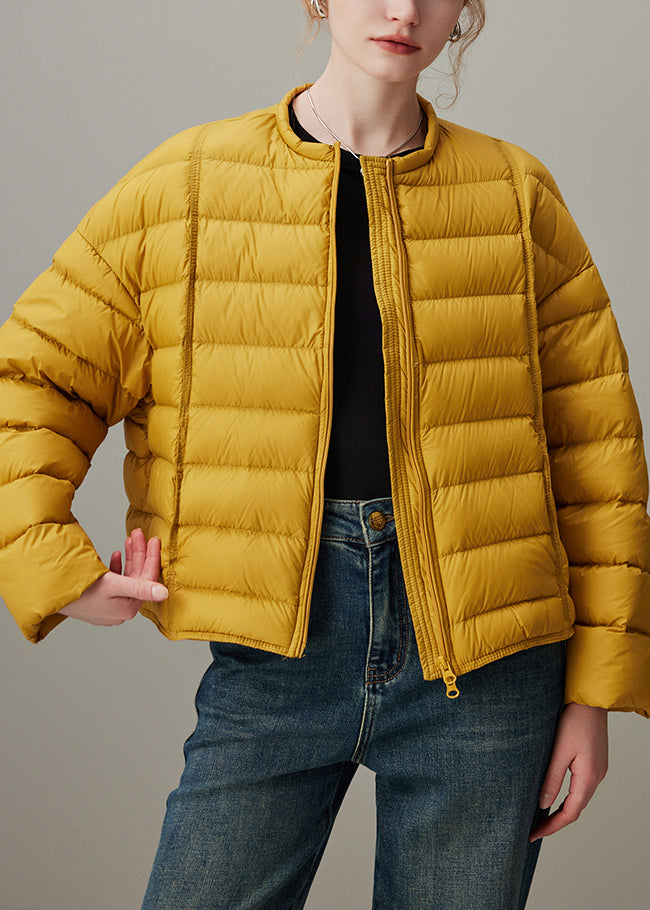 Simple Yellow O Neck Zippered Pockets Duck Down Puffer Coat Winter