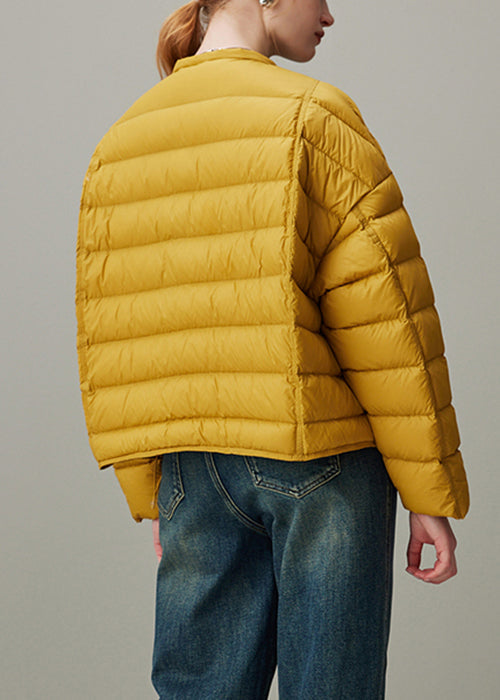 Simple Yellow O Neck Zippered Pockets Duck Down Puffer Coat Winter
