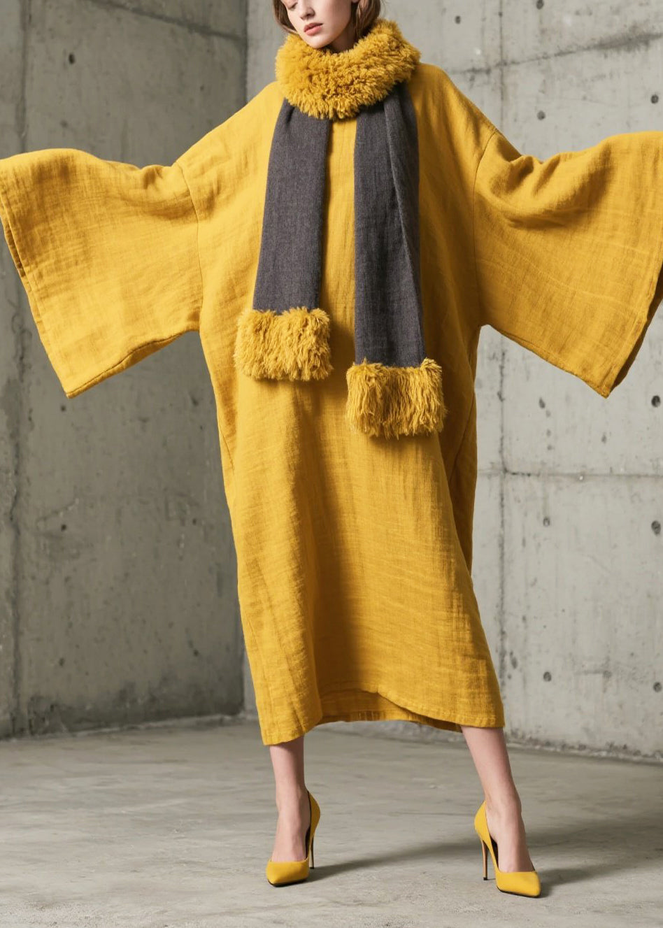 Simple Yellow Oversized Cotton Long Gown Dresses Batwing Sleeve